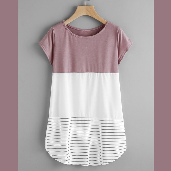 Tops - Mauve White Striped Colorblock Lace Back Tunic Tee
